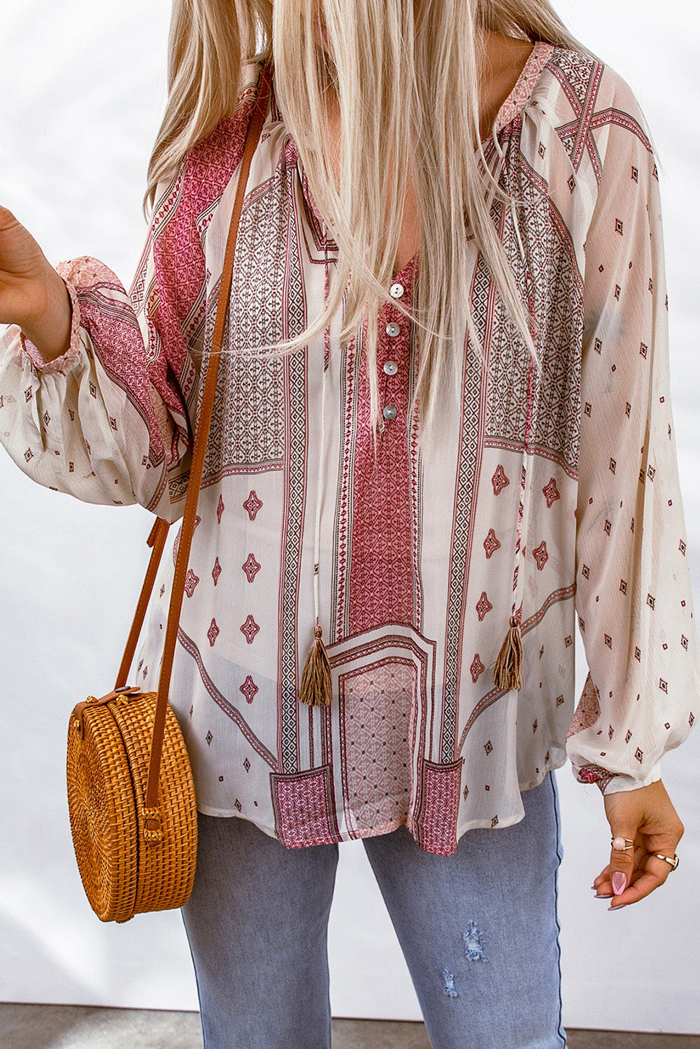 Beige Boho Printed Sheer Puff Sleeve Blouse