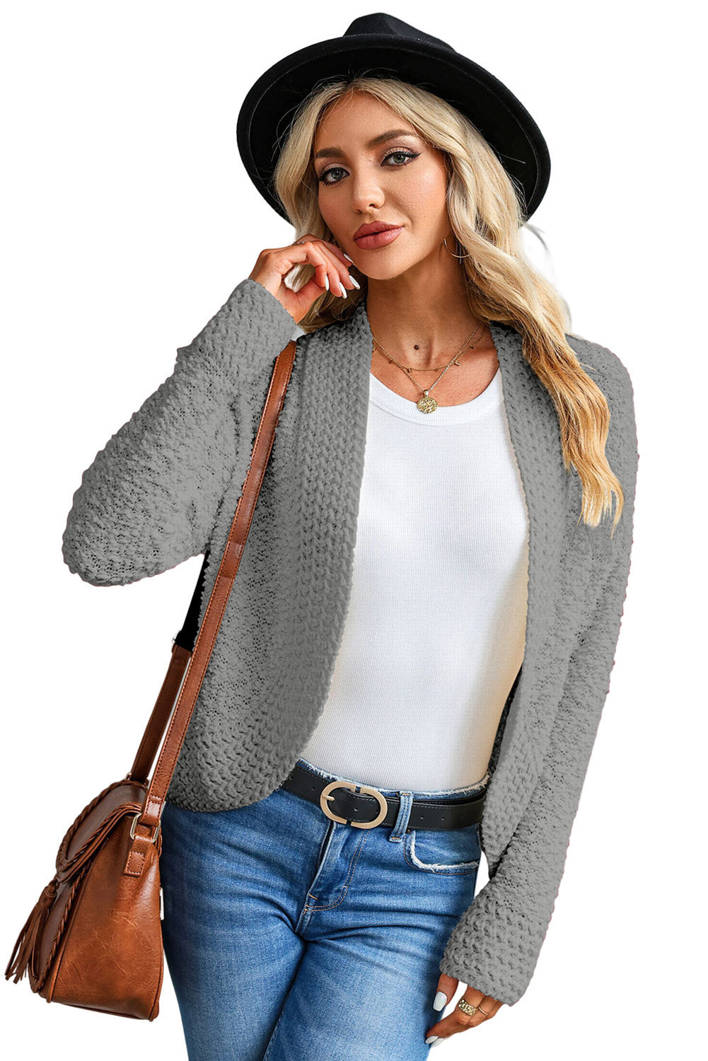 Fiery Red Popcorn Knit Open Front Cardigan