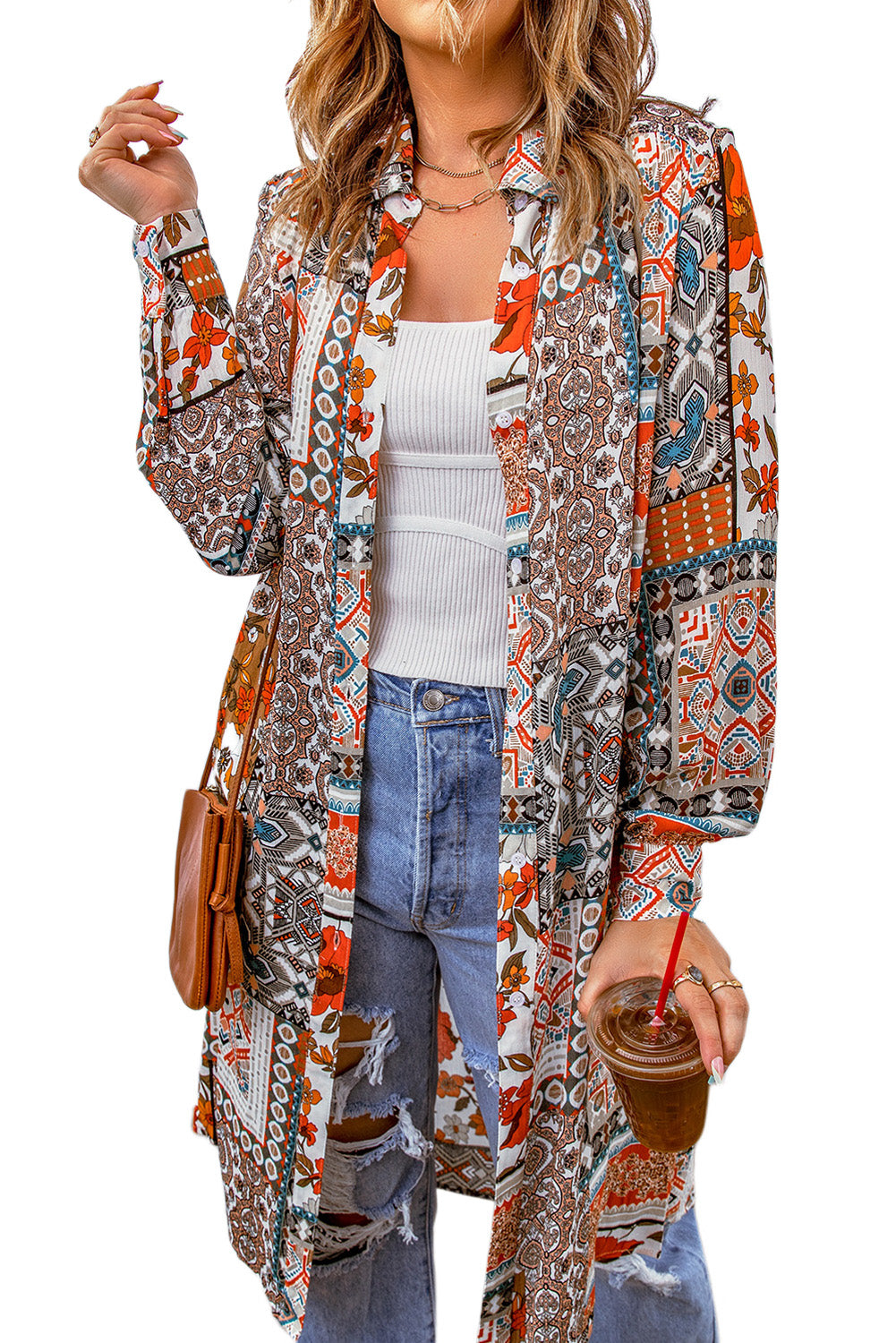 Multicolor Boho Patchwork Print Flowy Long Sleeve Kimono