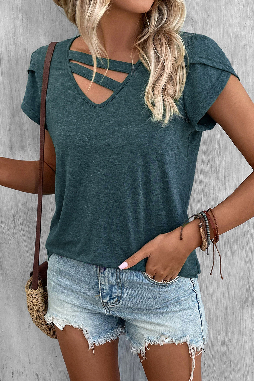 Green Strappy V Neck Overlap Short Sleeve Top