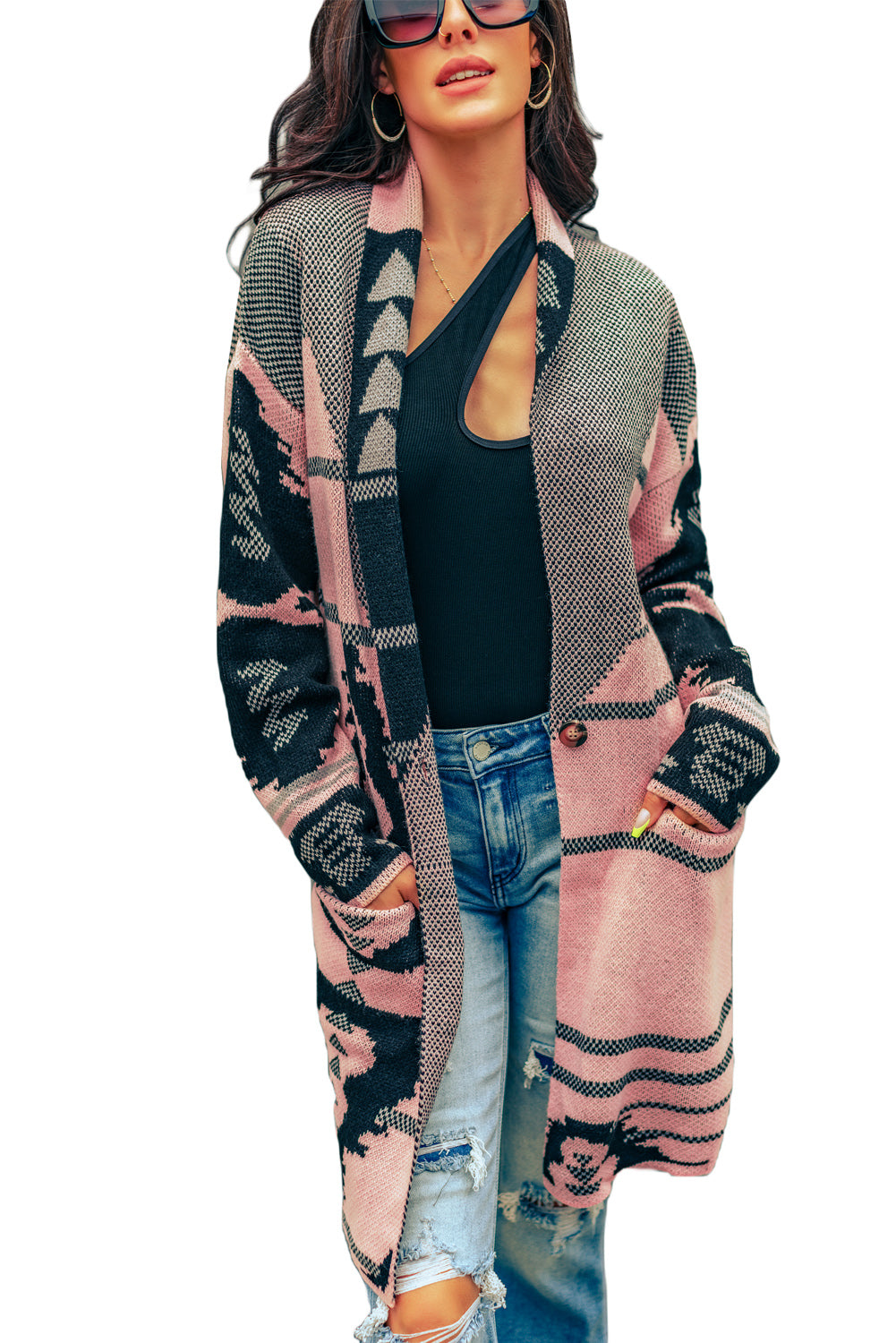 Beige Lapel Collar Geometric Print Knit Cardigan