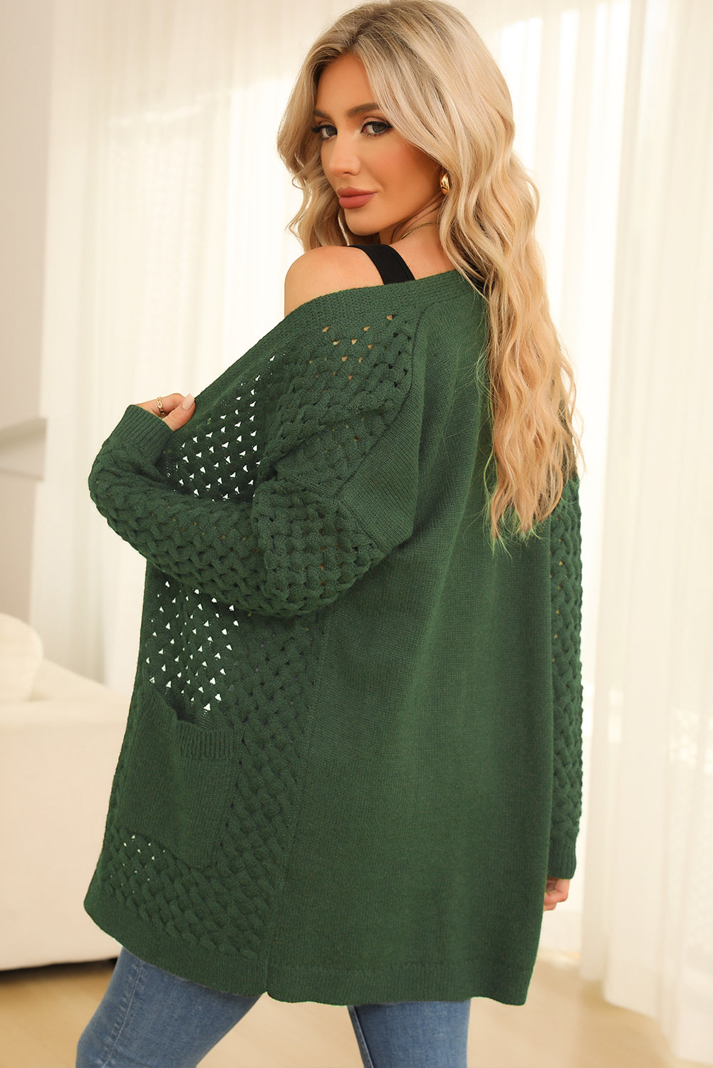 Gray Open Front Woven Texture Knitted Cardigan with Pockets