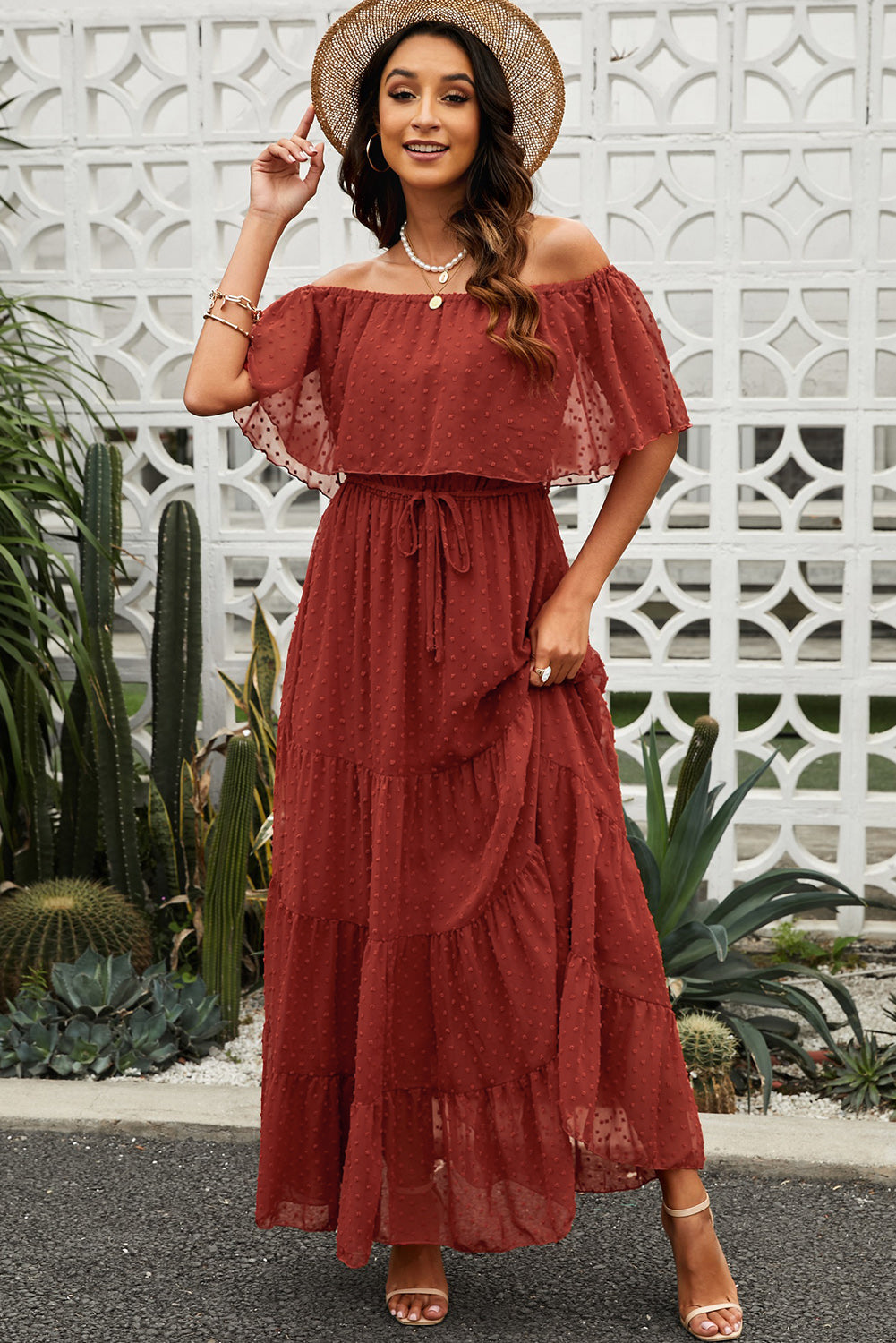 Yellow Yellow Off Shoulder Ruffle Swiss Dot Maxi Dress