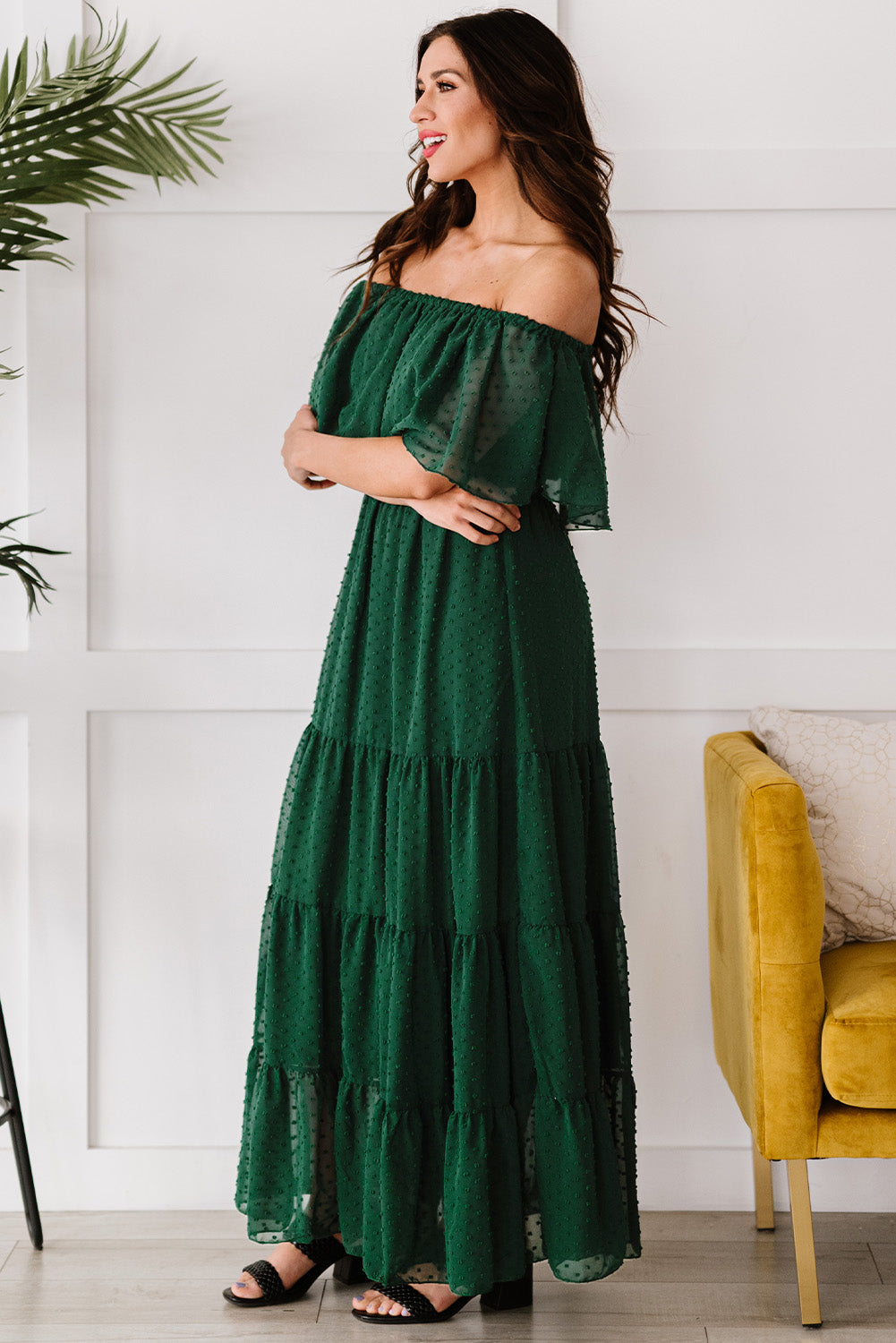 Yellow Yellow Off Shoulder Ruffle Swiss Dot Maxi Dress