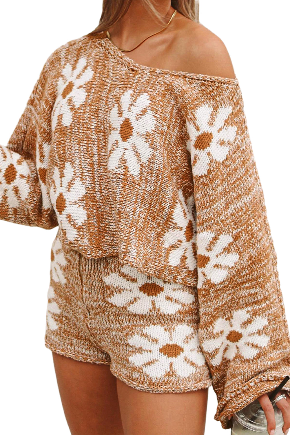 Brown Big Flower Bell Sleeve Loose Sweater
