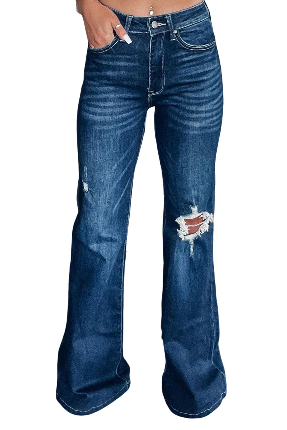 Asymmetric Open Knee Distressed Flare Jeans