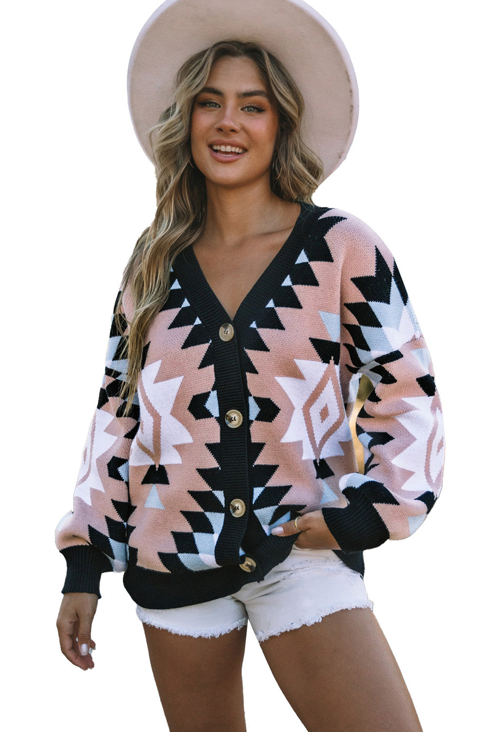 Oversized Aztec Buttons Front Cardigan