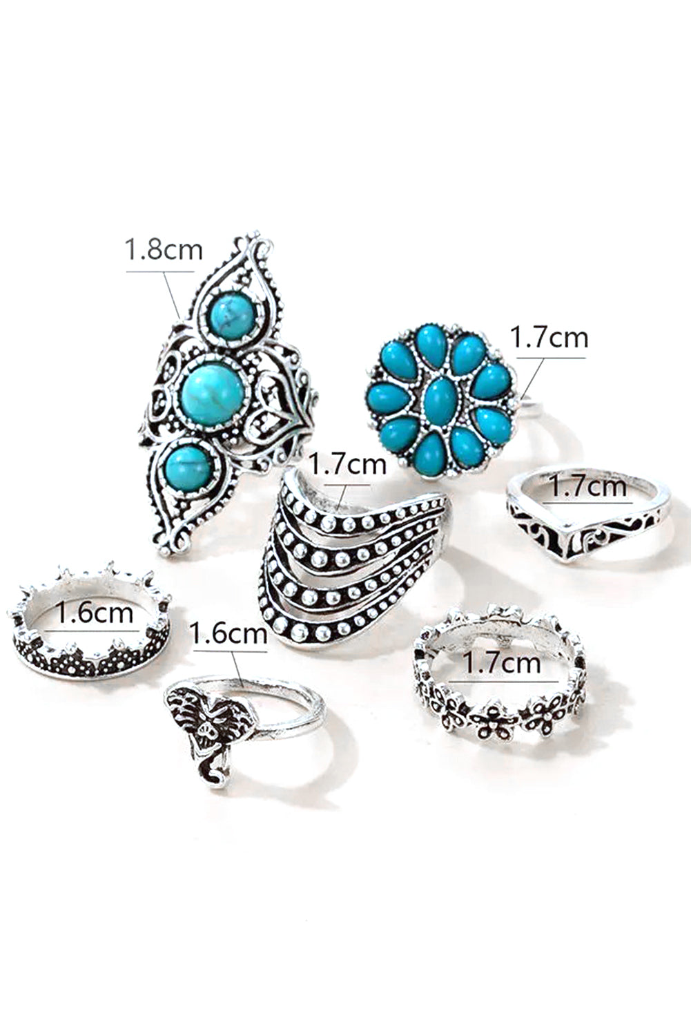 7Pcs Floral Geometric Turquoise Vintage Ring Set
