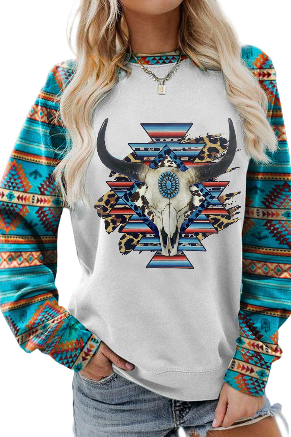 Aztec Sleeves Steer Head Graphic Women Sweatshirt