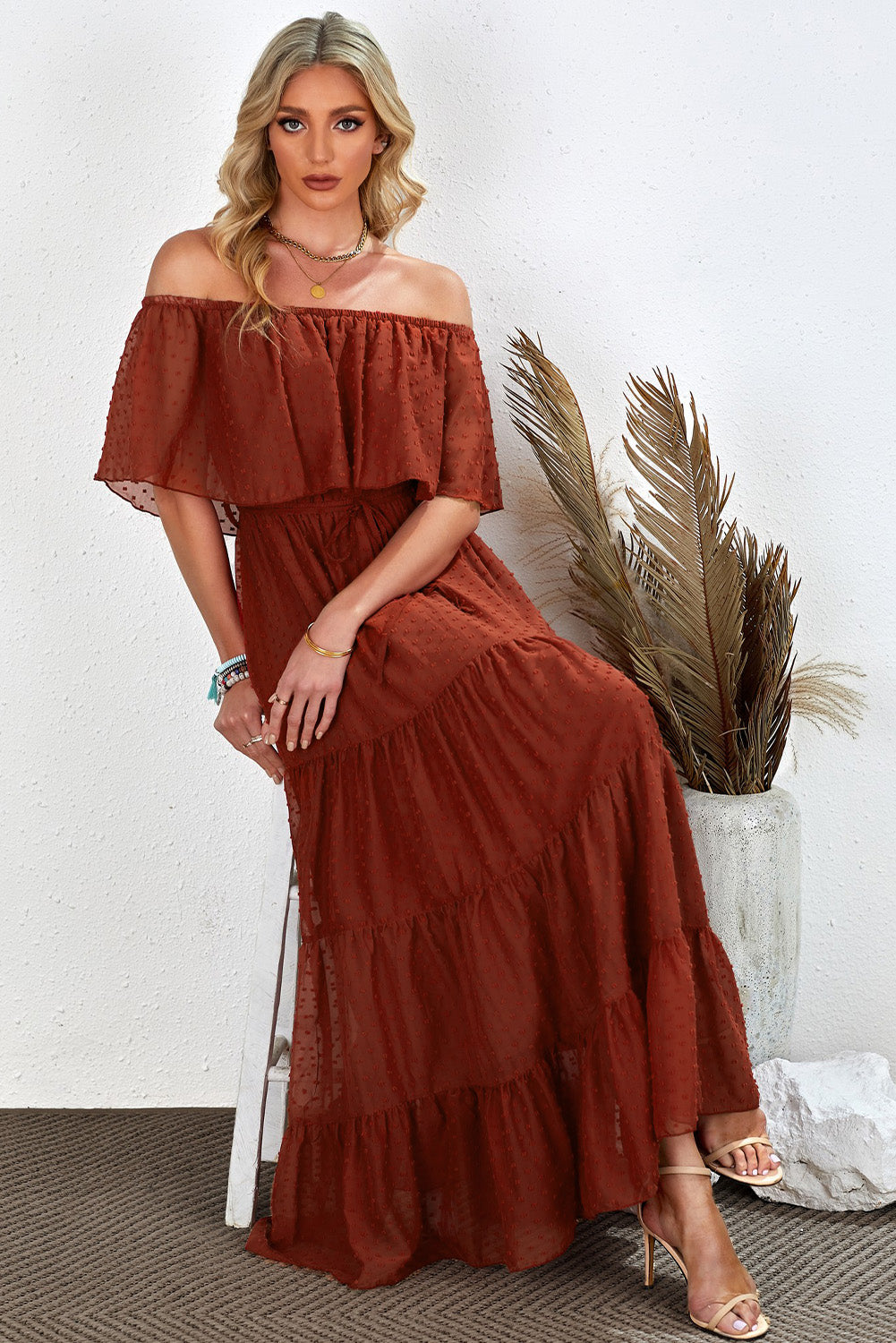 Yellow Yellow Off Shoulder Ruffle Swiss Dot Maxi Dress