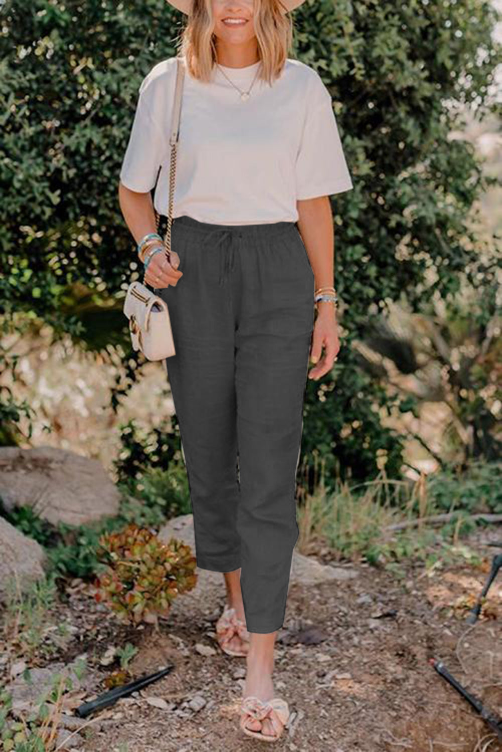 Black Drawstring Elastic Waist Pockets Long Straight Legs Pants
