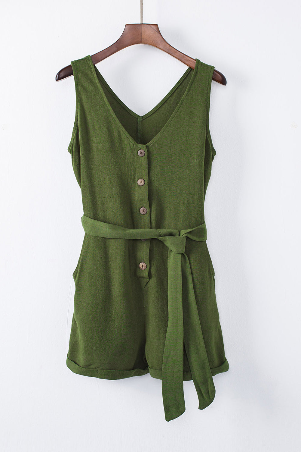 Beige Button V Neck Romper with Belt