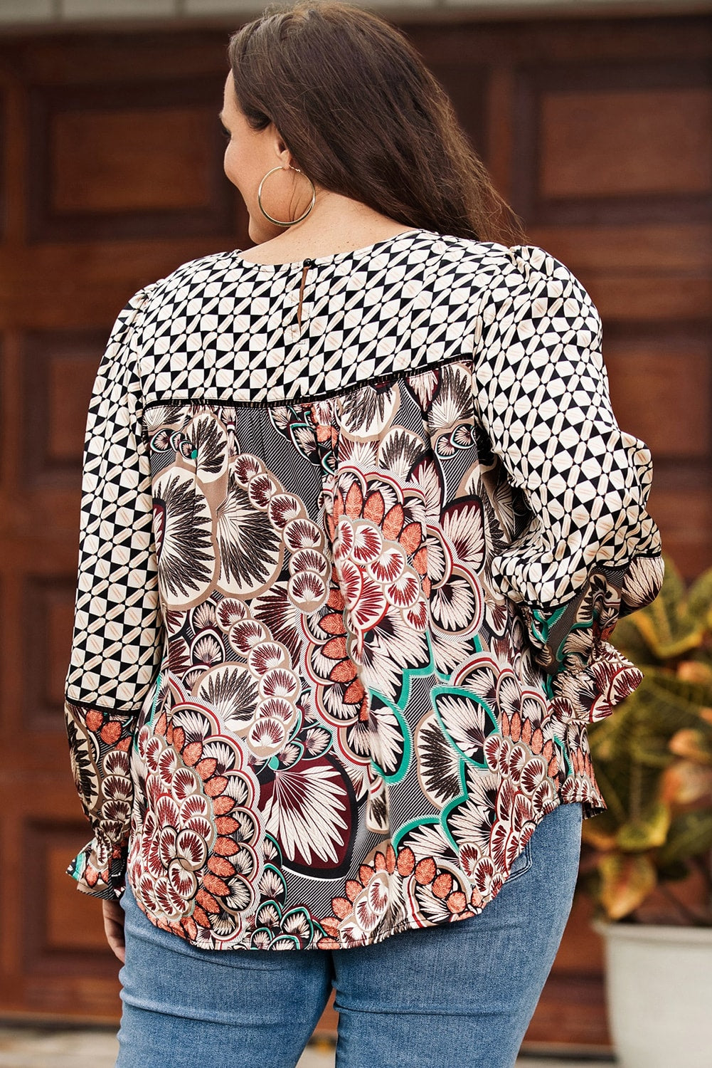 Black Black Mixed Floral Geometric Print Ruffled Long Sleeve Blouse
