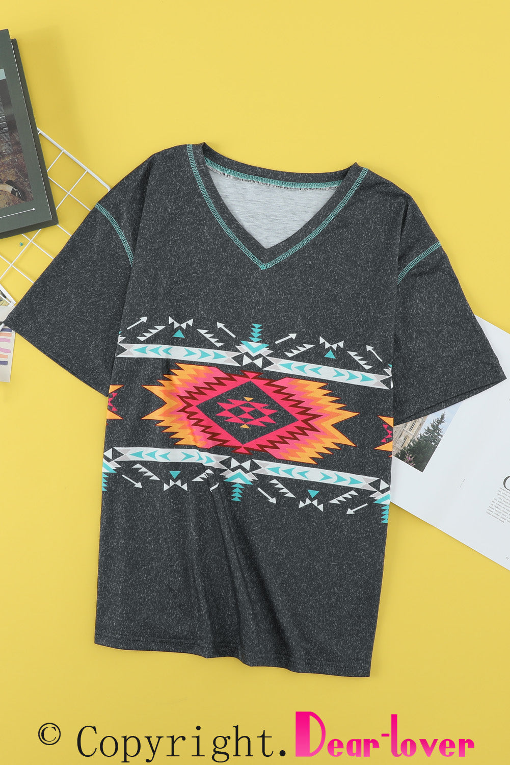 Aztec Geometric Print V Neck Tee