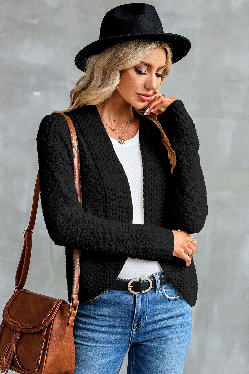 Fiery Red Popcorn Knit Open Front Cardigan