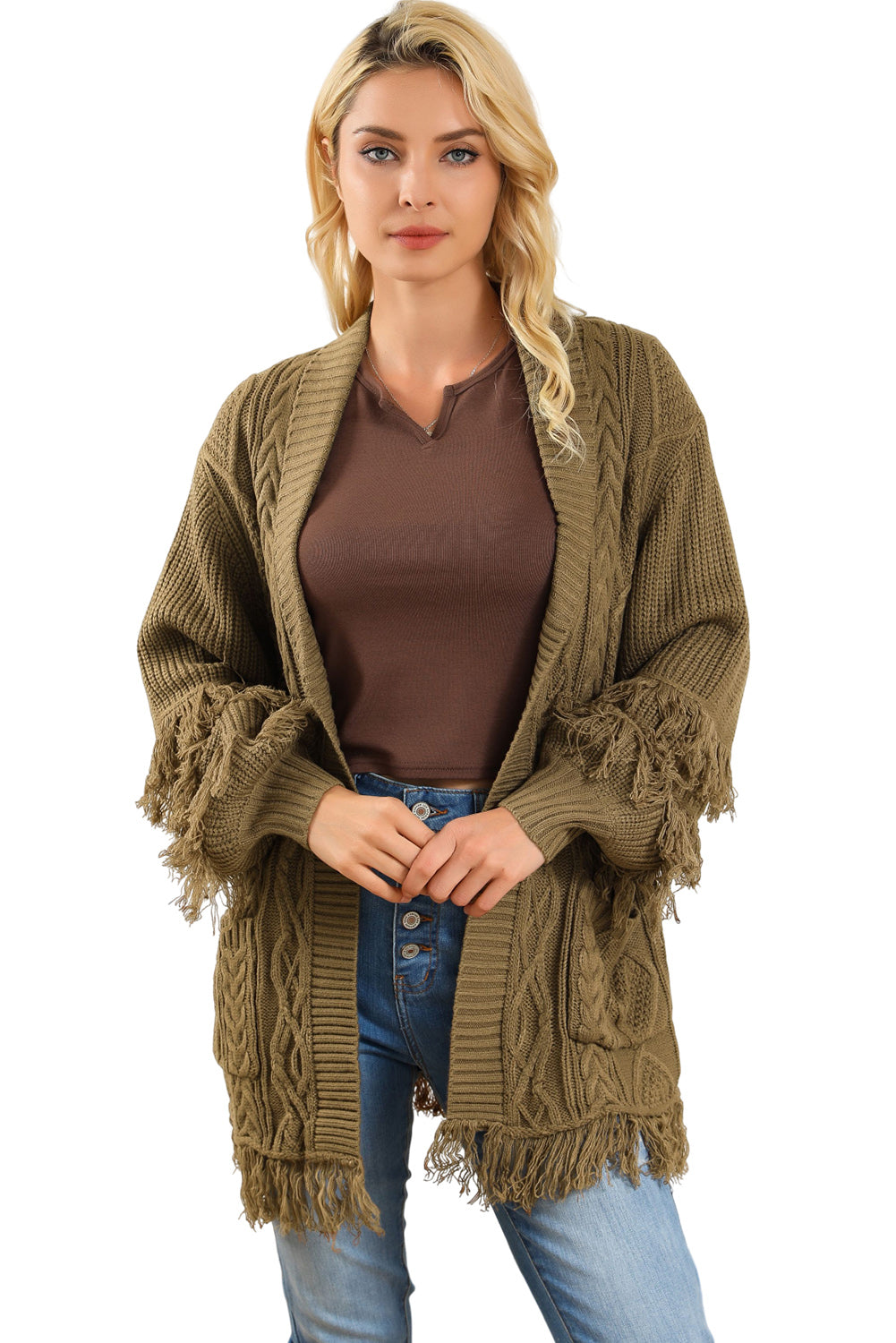 Fringe Trim Cable Knit Open Cardigan