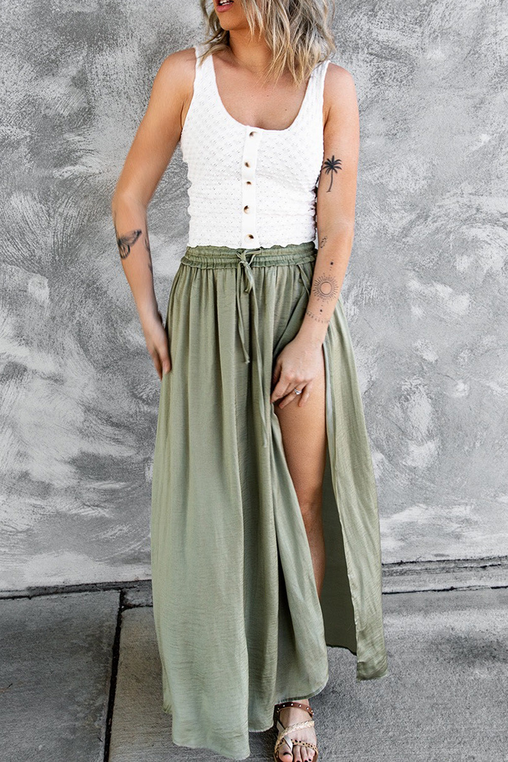 Adjustable Drawstring Smocked Waist Maxi Skirt