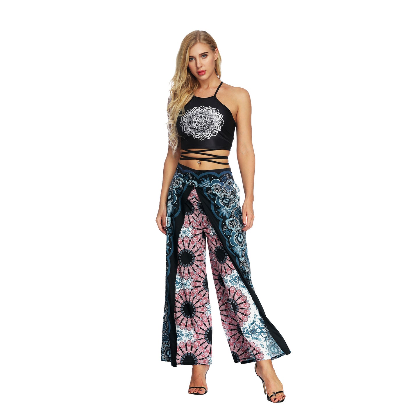 Women's Wide Leg Boho Yoga Harem Pants Comfy Gypsy Hippie Indian Thailand Bohemian Palazzo Pants Smocked Waist