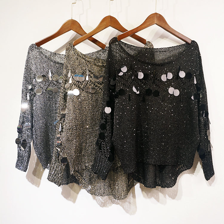 Women's One-word Neck Loose Pullover Bat Sleeve Sequined Top Knit Sweater