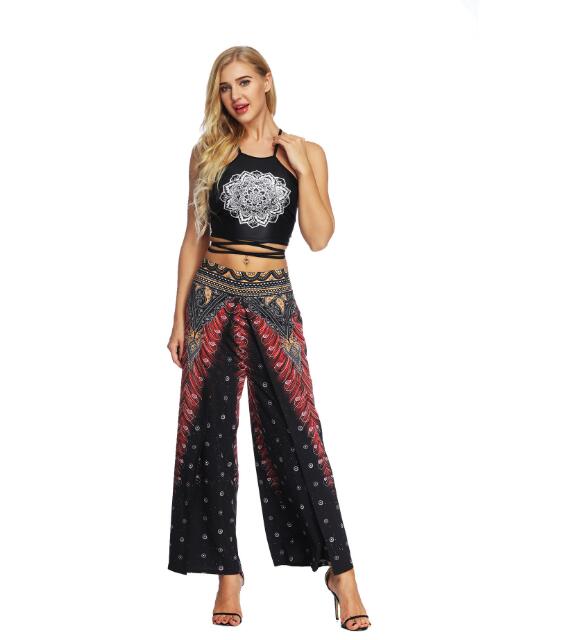 Women's Wide Leg Boho Yoga Harem Pants Comfy Gypsy Hippie Indian Thailand Bohemian Palazzo Pants Smocked Waist