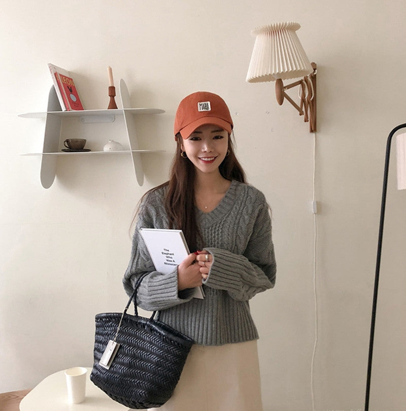 Woven stick v-neck lazy sweater