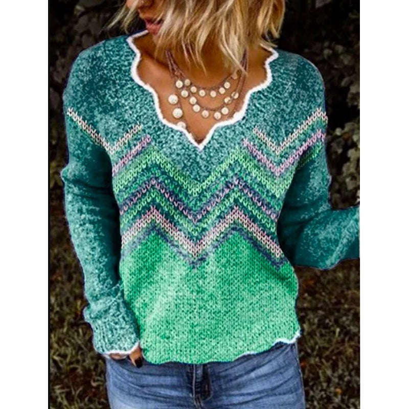 Women's Printed Long-Sleeved Fleece Sweater Top