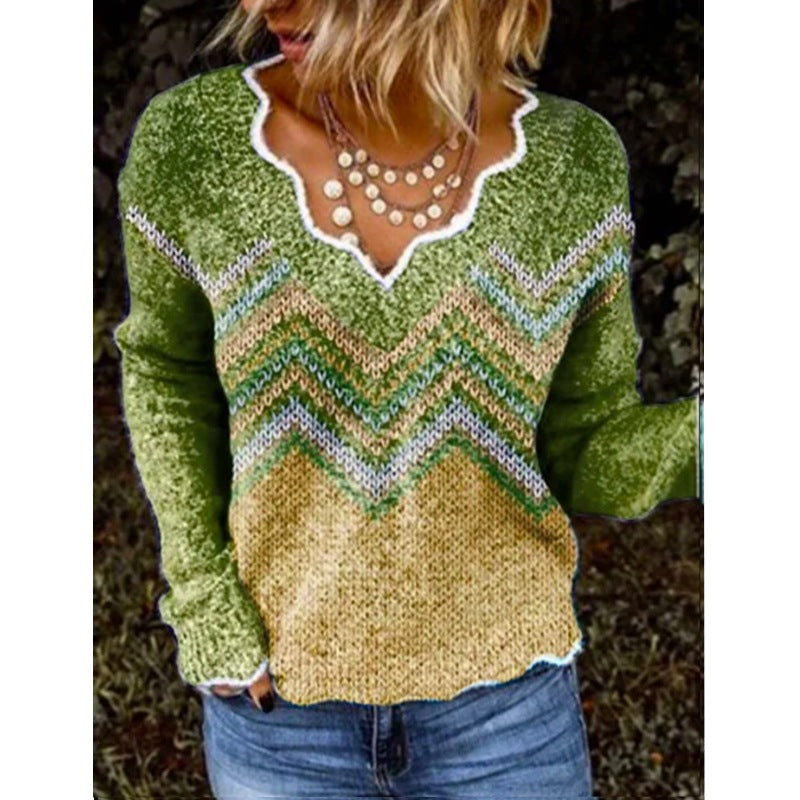 Women's Printed Long-Sleeved Fleece Sweater Top