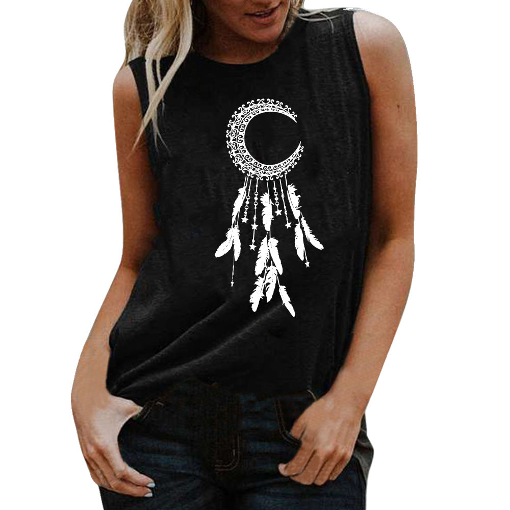 New Sleeveless Vest With Upside-Down Feather Print