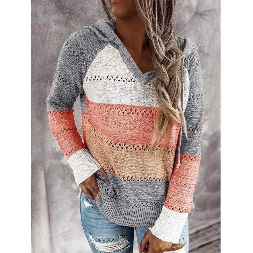 Autumn And Winter New Independent Station Wish Amazon Europe And America Color Matching Long-sleeved Hooded V-neck Sweater Sweater Women