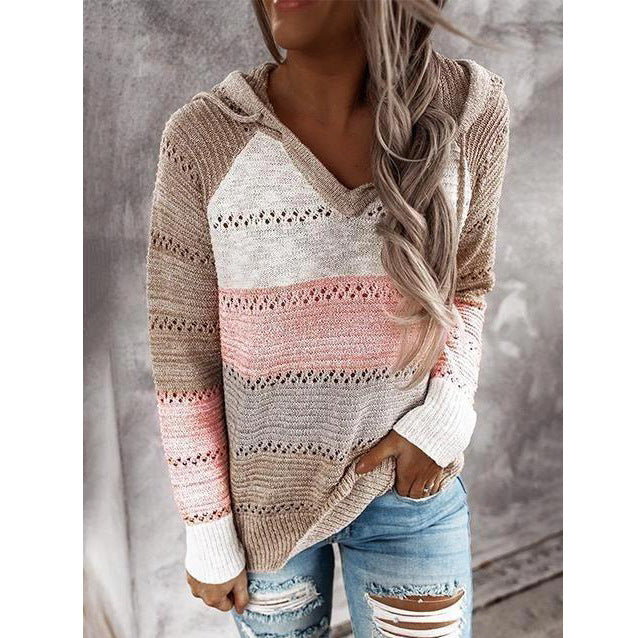 Autumn And Winter New Independent Station Wish Amazon Europe And America Color Matching Long-sleeved Hooded V-neck Sweater Sweater Women