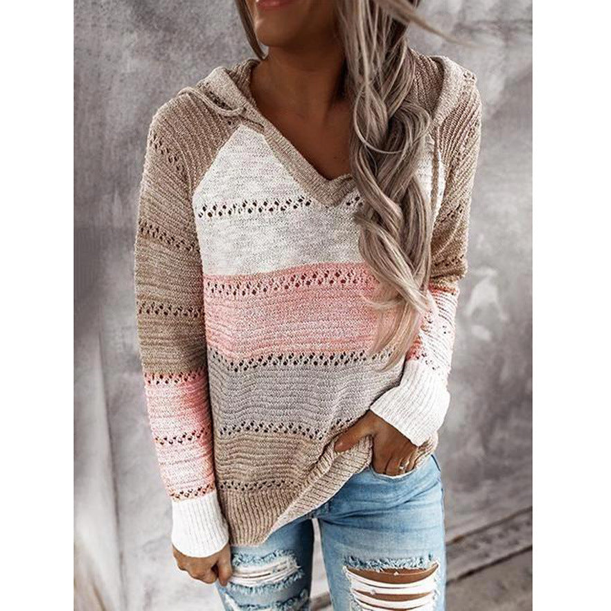 Autumn And Winter New Independent Station Wish Amazon Europe And America Color Matching Long-sleeved Hooded V-neck Sweater Sweater Women