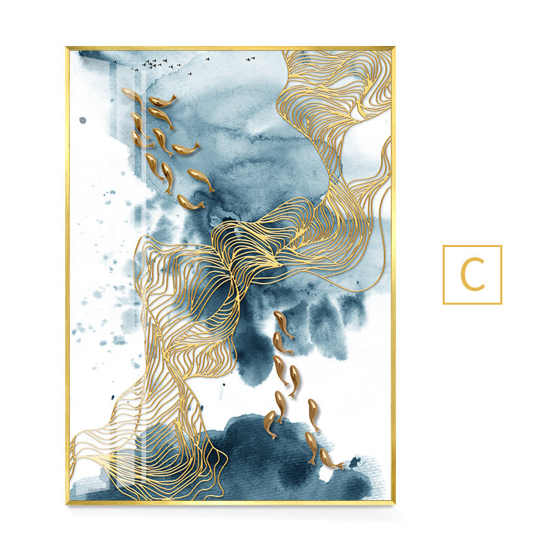 Abstract Gold Fish Canvas Painting Nordic Marble.