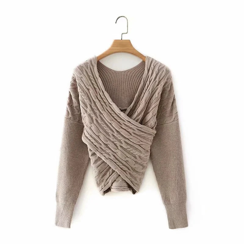Women's New Cross V-neck Wrap Sweater Bottoming Shirt Ins Blogger Navel Pullover Sweater