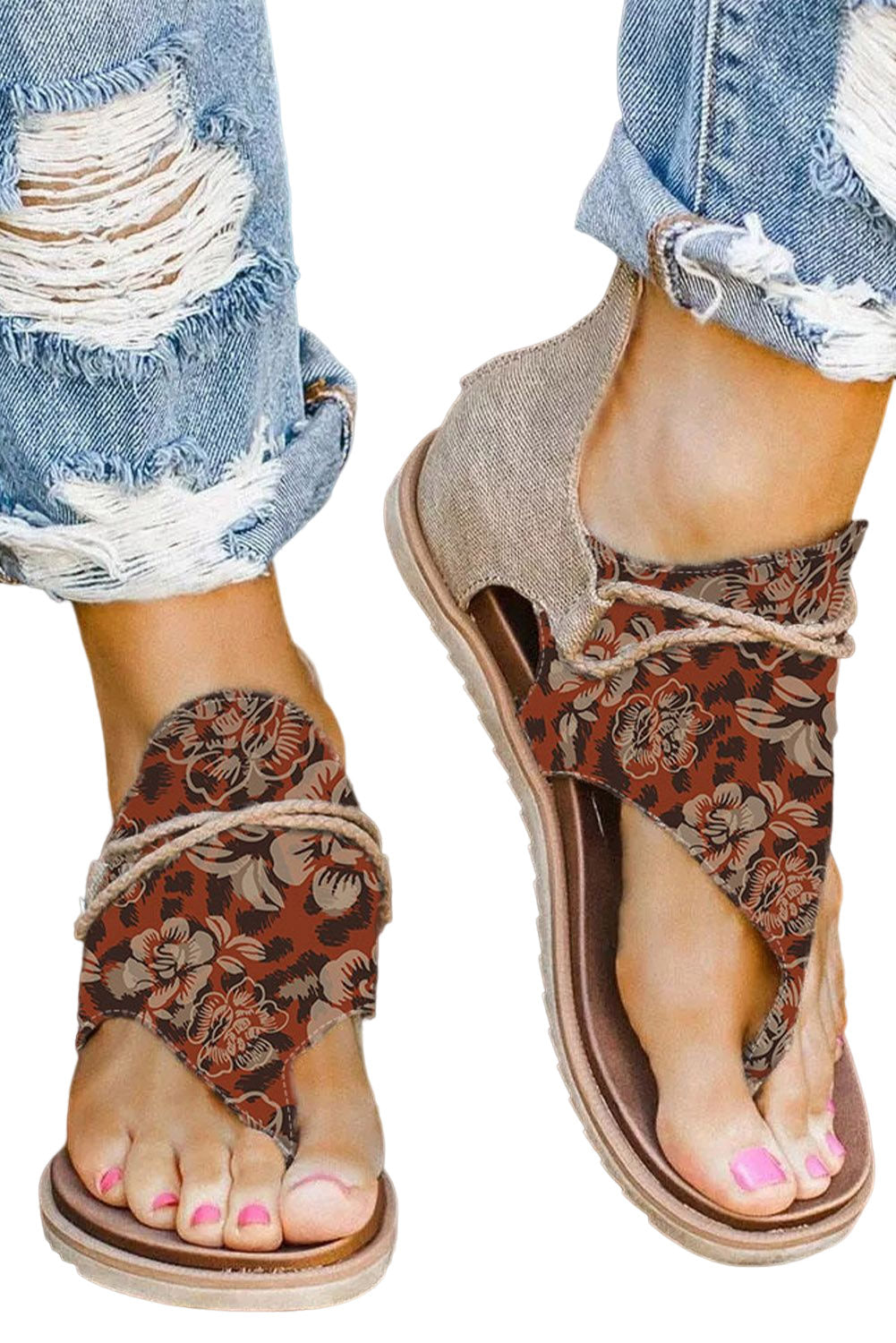 Floral Leopard Mixed Print Flip Flop Sandals