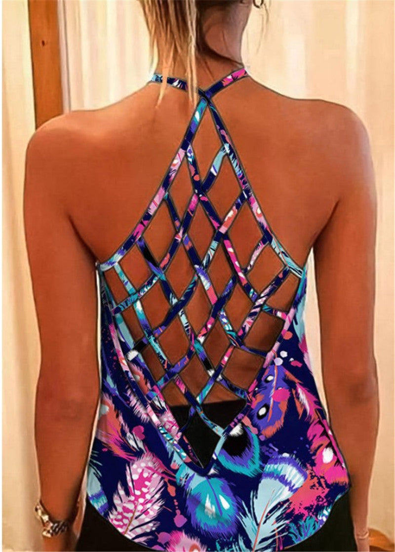 Amazon AliExpress Summer New Printed T-shirt Cross Hollow Back Spaghetti-strap Camisole Top Women In Stock