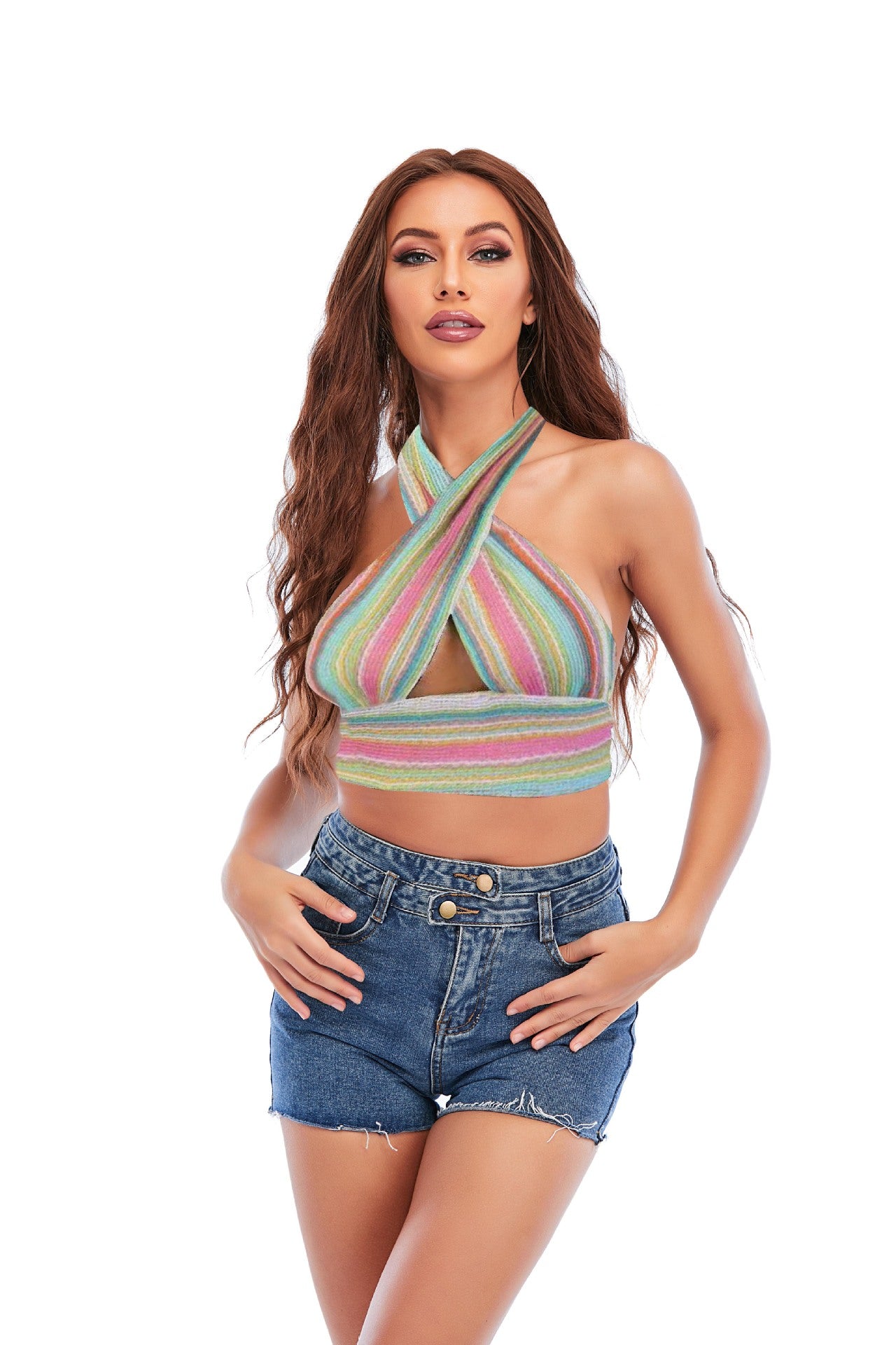 Colorful Halter Sleeveless Slim Fit Knit Crossover Top