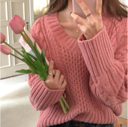 Woven stick v-neck lazy sweater