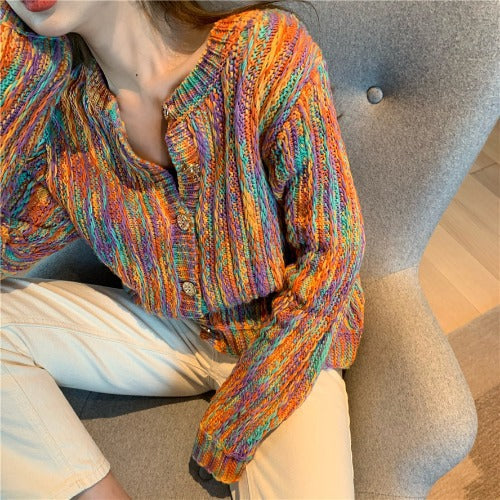 Slim Type Contrast Knit Rainbow Cardigan Sweater