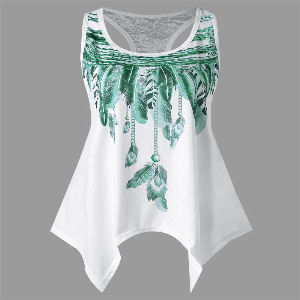 Feather Print Lace T-Shirt Summer Crew Neck Sleeveless Top