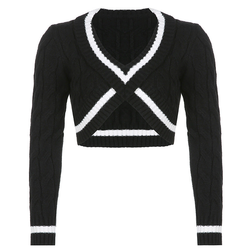 Women's Waistless Deep V Twist Sweater Long Sleeve Bottoming Top