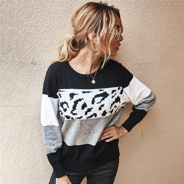 Leopard print stitching sweater