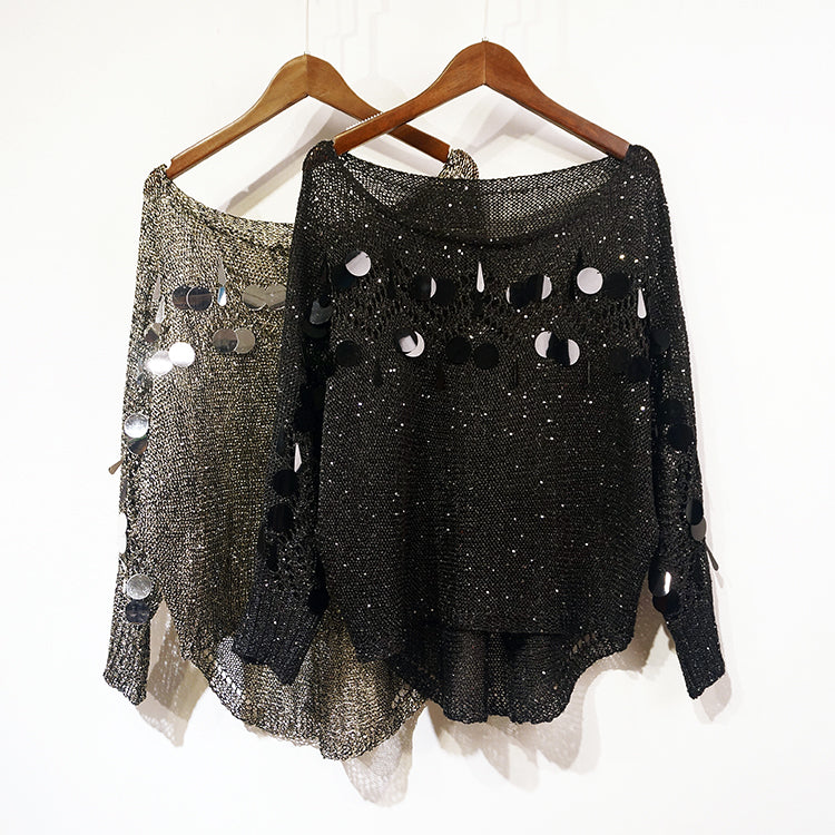 Women's One-word Neck Loose Pullover Bat Sleeve Sequined Top Knit Sweater