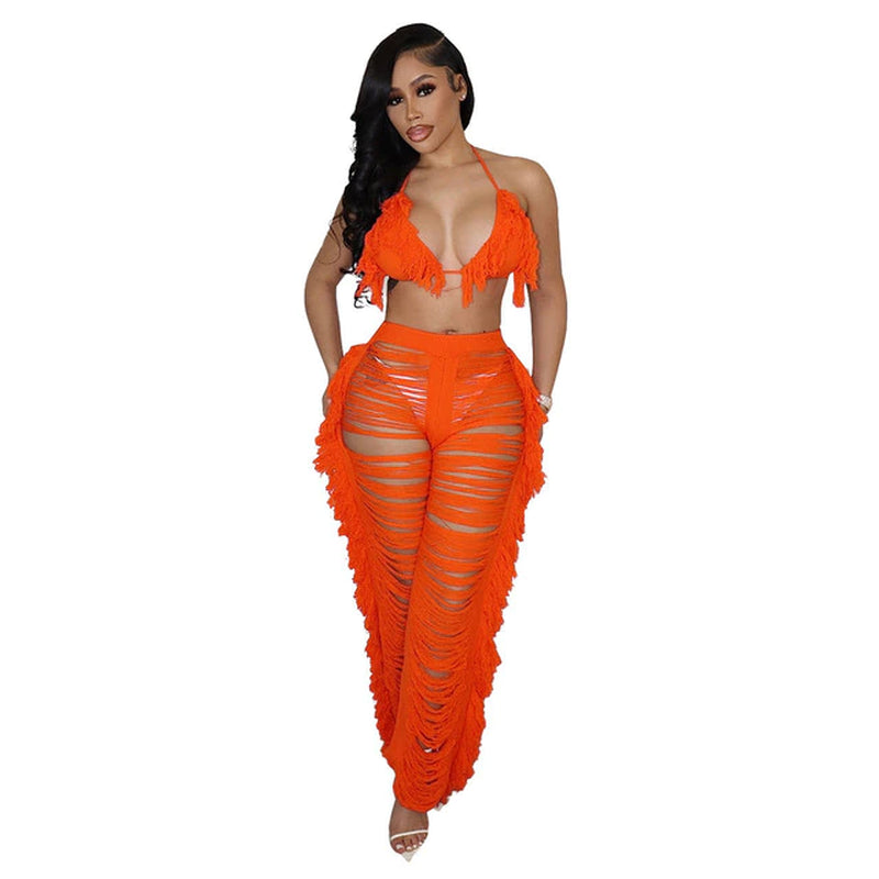 RT Sexy Women Knitted Set Two Pieces Set Halter Backless Bra Crop Top Pants Crocheted 2 Pieces Set Hollow Out Crochet Beach Set