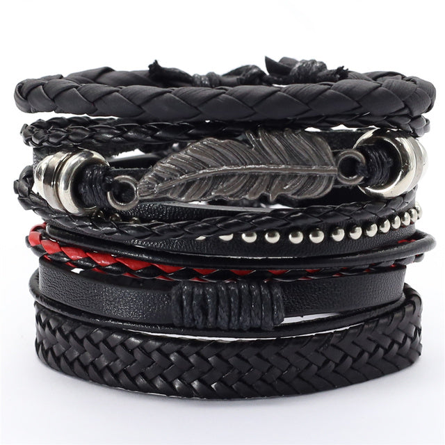 Black Feather Men's Bracelet 5 Pieces Set Wristband