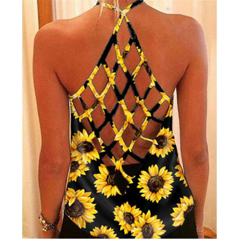 Amazon AliExpress Summer New Printed T-shirt Cross Hollow Back Spaghetti-strap Camisole Top Women In Stock
