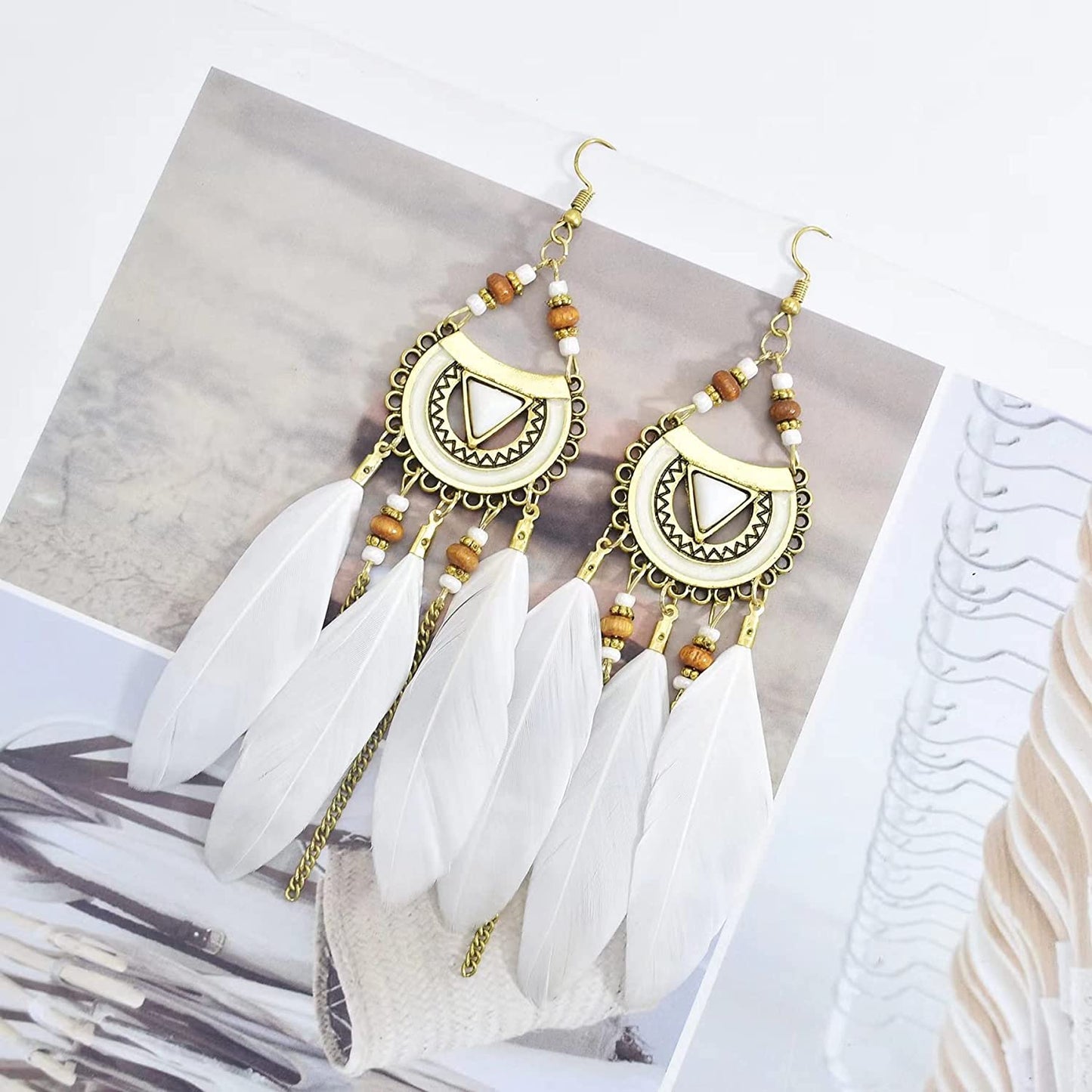 6 Pairs Women Feather Earrings Bohemian Fringe Tassel Long Drop Dangle Earrings Set with Dream Catcher Design Boho Earrings for Women Girls Birthday Christmas Holiday Party