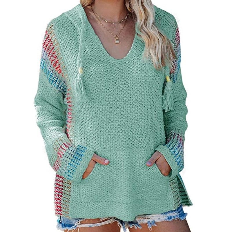Striped Color Matching Hooded Long Sleeve Pullover Loose Sweater