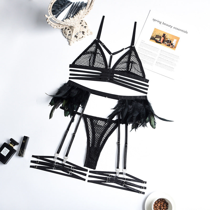 Lace Real Feather Mesh Sheer Underwear Crossover Four Piece Set