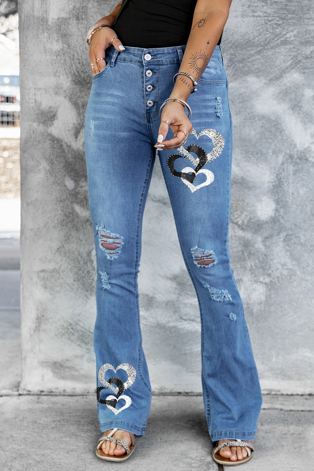Dark Blue Mid Rise Button Front Flare Denim