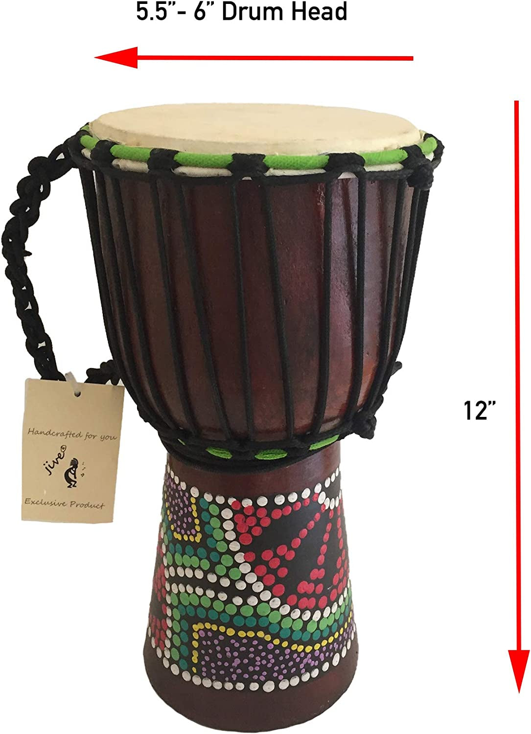 Djembe Drum Bongo Congo African Wood Drum - MED SIZE- 12" High, BRAND, Professional Quality with Heavy Base/Includes Drum Key Chain